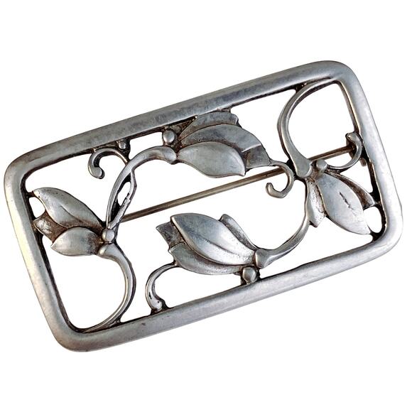 VTG Mid Century Brooch Silver Tone Openwork Botanical Leaf Scandinavian Style - Picture 1 of 8